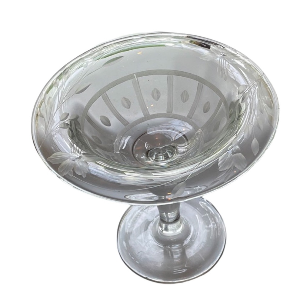Vintage Etched Glass Pedestal Dish With Rolled Edge